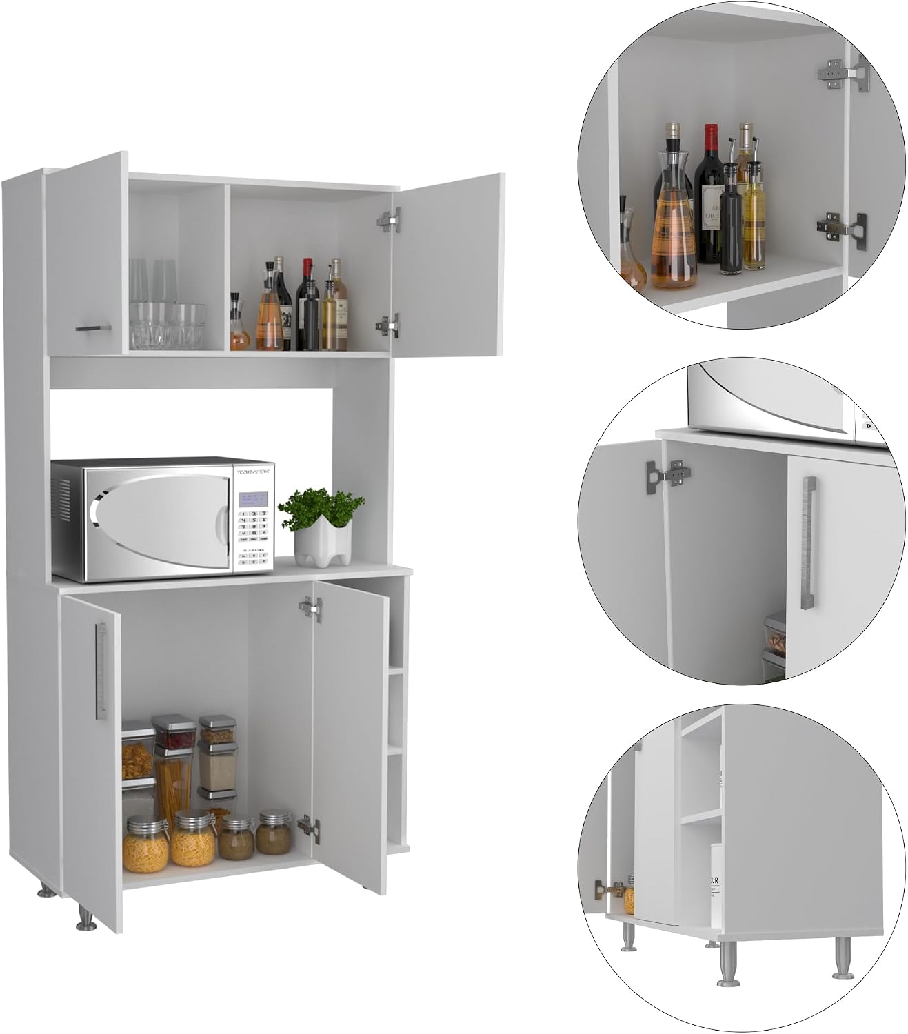 Kitchen Pantry Double Door Cabinet, Four Legs, Three Shelves, White