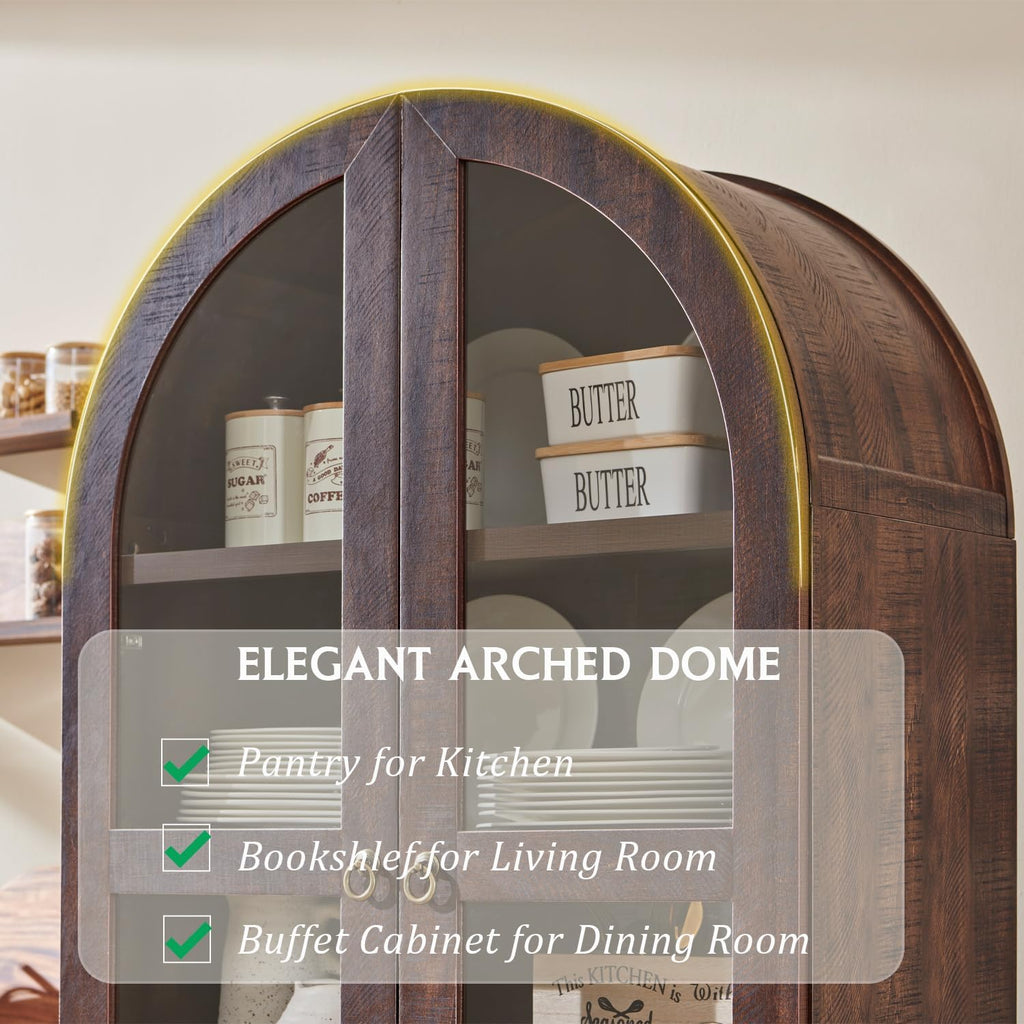 IFGET 71" Tall Arched Kitchen Pantry, Kitchens Storage Cabinets, Brown | Modern Farmhouse Wood Pantry w/2 Large Drawers and Adjustable Shelves, Versatile Cupboard for Kitchen, Dining Room, Bathroom