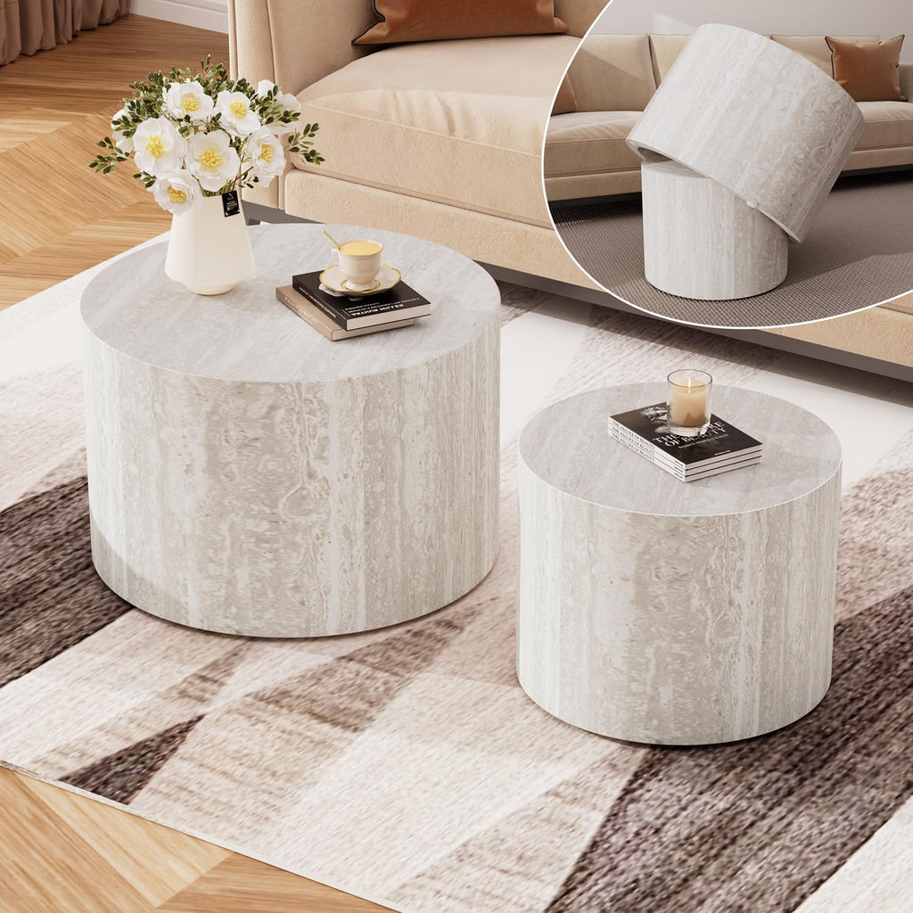 2-Piece Round Nesting Coffee Table Set with Travertine Texture, Modern Stackable Side Table for Small Spaces, Waterproof Anti-Scratch Accent Table for Living Room Bedroom Balcony