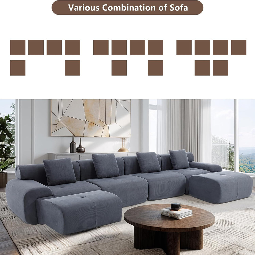 L-Shaped Modular Sectional Sofa, Sectional Couch, Oversized 3-Seater Cloud Couch with Deep Seat and Movable Ottoman for Living Room, Apartment (Gray, 3 Seater with 2 Ottoman)