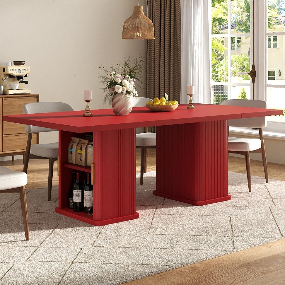 78.7" Long Rectangle Dining Table with Fluted Storage Legs for 6/8/10, Farmhouse Dinner Tables with Large Tabletop, Storage Shelves and Sliding Tambour Doors for Dining Room, Kitchen, Living Room