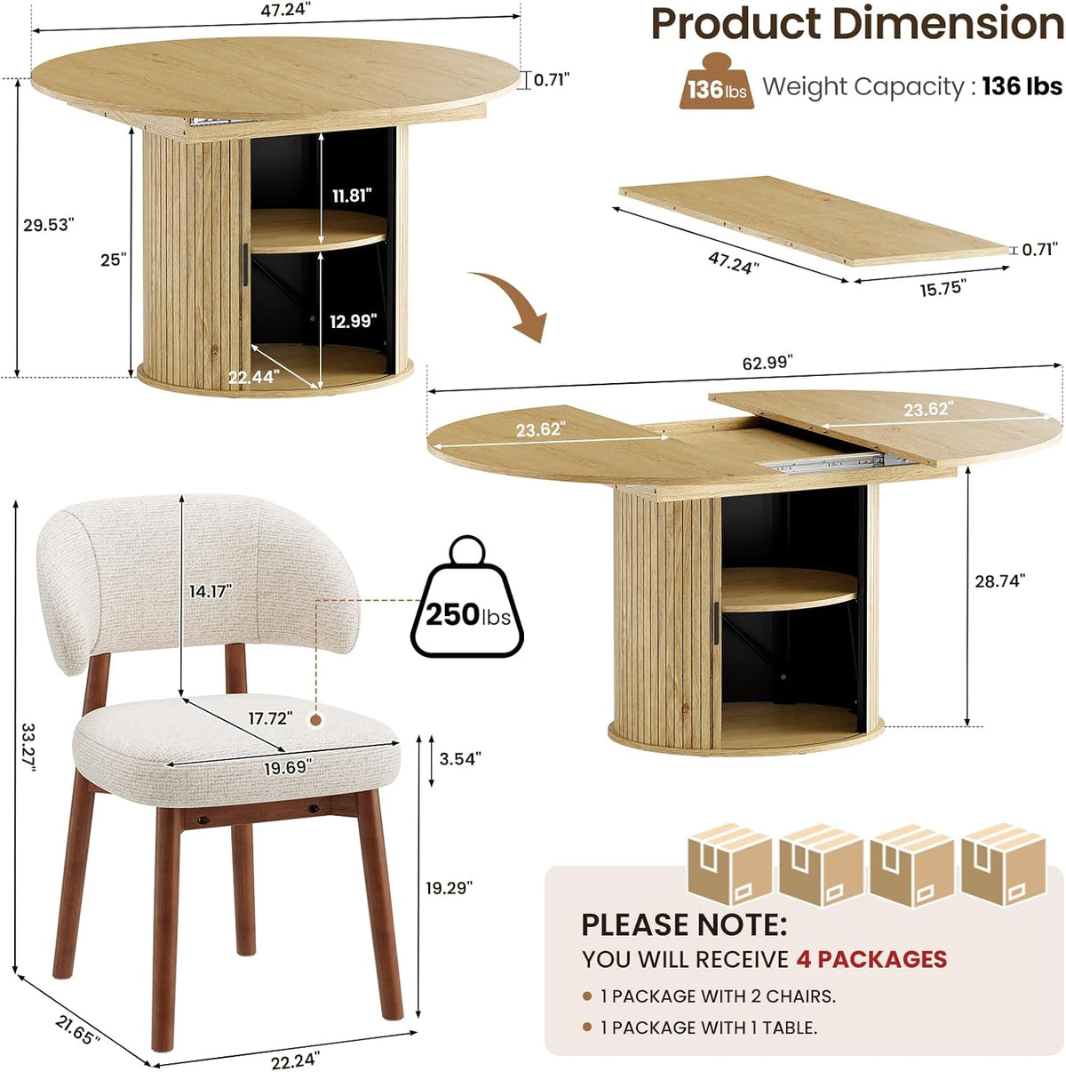 MALOL 47"-63" Extendable Round to Oval Dining Table Chairs Set for 4-8, Modern Wooden Kitchen Table and Chairs with Hidden Storage and Fluted Design for Dining Room/Small Space(Natural Wood and Brown)
