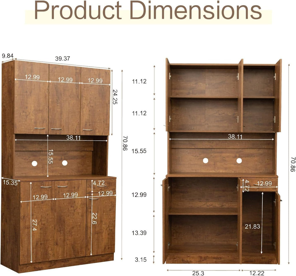 71" Kitchen Pantry Cabinets with Microwave Stand, 6 Doors & 3 Adjustable Shelves, Freestanding China Cabinet Hutch, Buffet Cabinet with Storage, Walnut