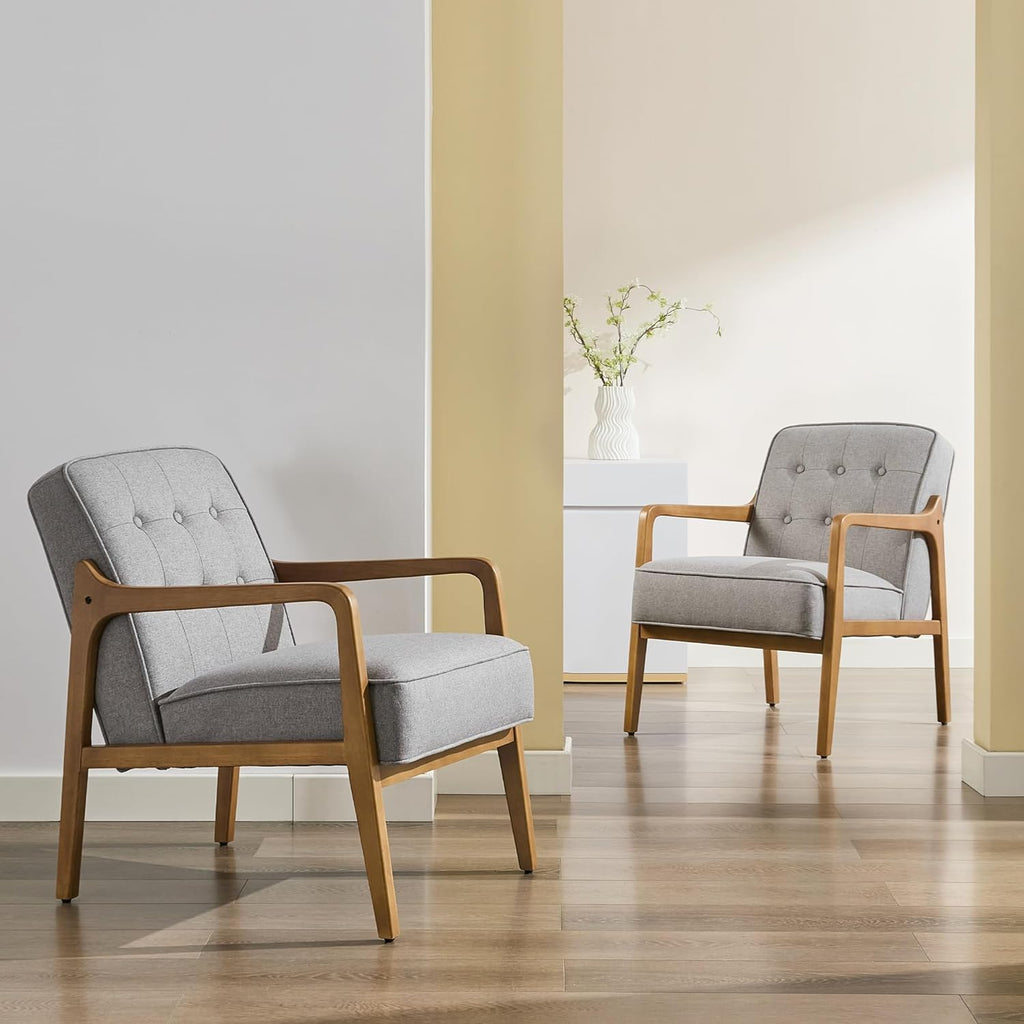 SOFTHION Linen Accent Chair Set of 2, Mid Century Modern Chair for Living Room, Upholstered Comfy Lounge Armchair with Solid Wood Frame, Reading Side Chair for Bedroom,105°Ergonomic Comfort, Grey