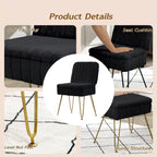 Vanity Chair with Storage | Comfy Ottoman with Folding Back | Faux Fur Vanity Stool with 4 Metal Legs for Make Up | Furry Padded Seat with Anti-Slip Feet for Bedroom Dressing Room | Black