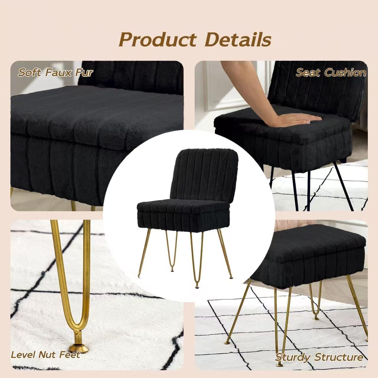 Vanity Chair with Storage | Comfy Ottoman with Folding Back | Faux Fur Vanity Stool with 4 Metal Legs for Make Up | Furry Padded Seat with Anti-Slip Feet for Bedroom Dressing Room | Black