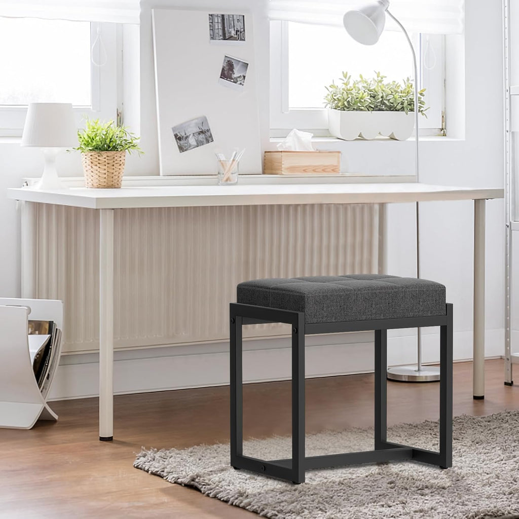 Vanity Stool, Vanity Chair Stools for Makeup Room, Square Linen Makeup Stool for Vanity, Modern Padded Vanity Bench Small Ottoman Foot Rest Stool for Bedroom Living Room, Dark Grey & Black