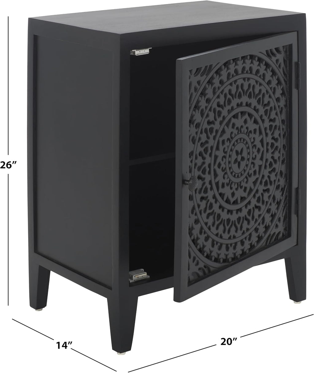 SAFAVIEH Furniture - Thea 1-Door Carved Nightstand - Black - Mango Wood - Artisan Global Design - Ideal for Bedroom, 20" W x 14" D x 26" H - Fully Assembled (NST5300D)
