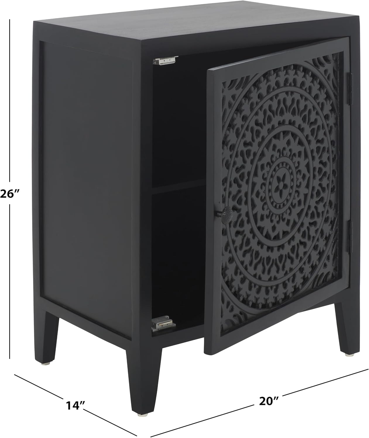 SAFAVIEH Furniture - Thea 1-Door Carved Nightstand - Black - Mango Wood - Artisan Global Design - Ideal for Bedroom, 20" W x 14" D x 26" H - Fully Assembled (NST5300D)