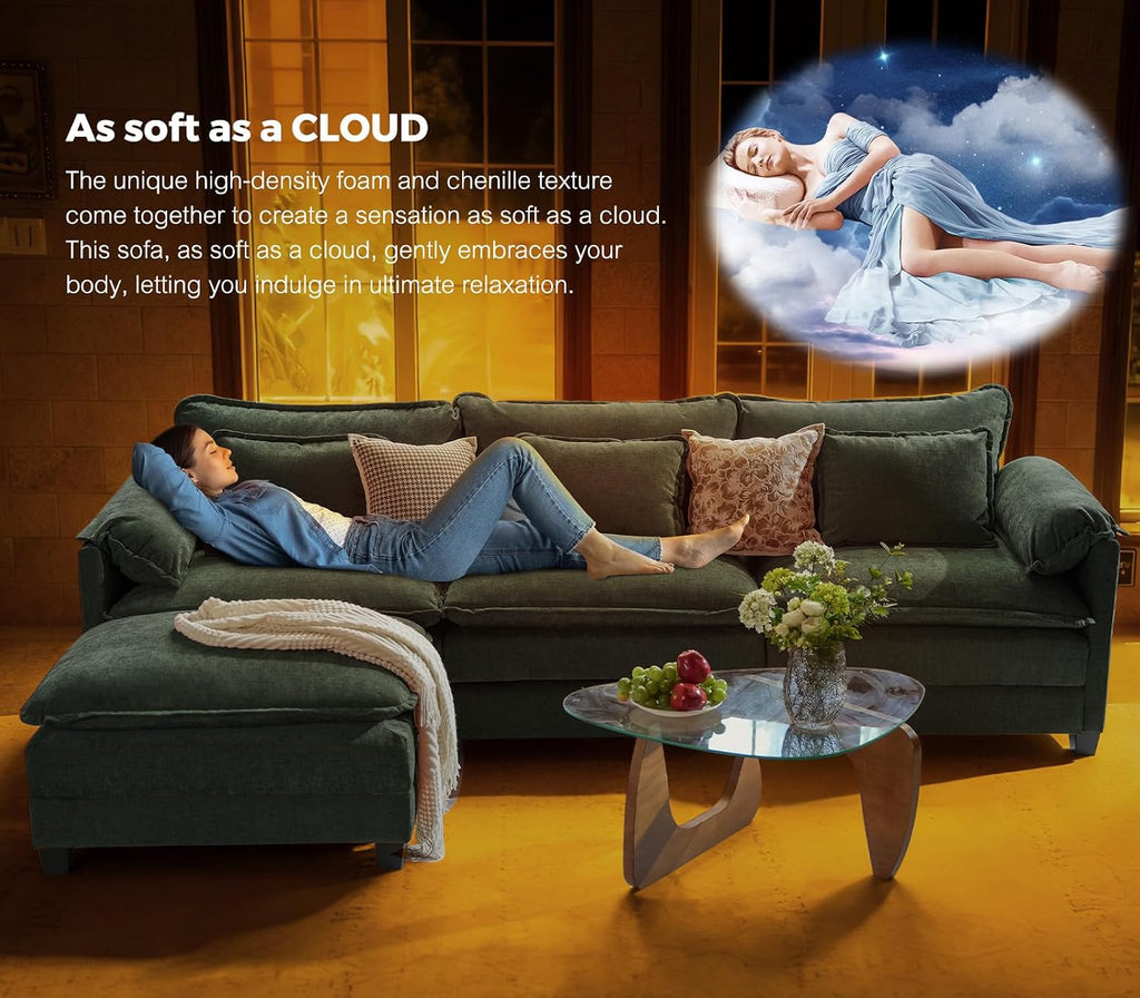ELUCHANG 153" Oversized Modular Sectional Sofa, Comfy Chenille Cloud Couch, 6-Seater U Shaped Modern Deep Seat Sofa w/Removable Covers for Living Room, Bedroom, DIY Combination - Green