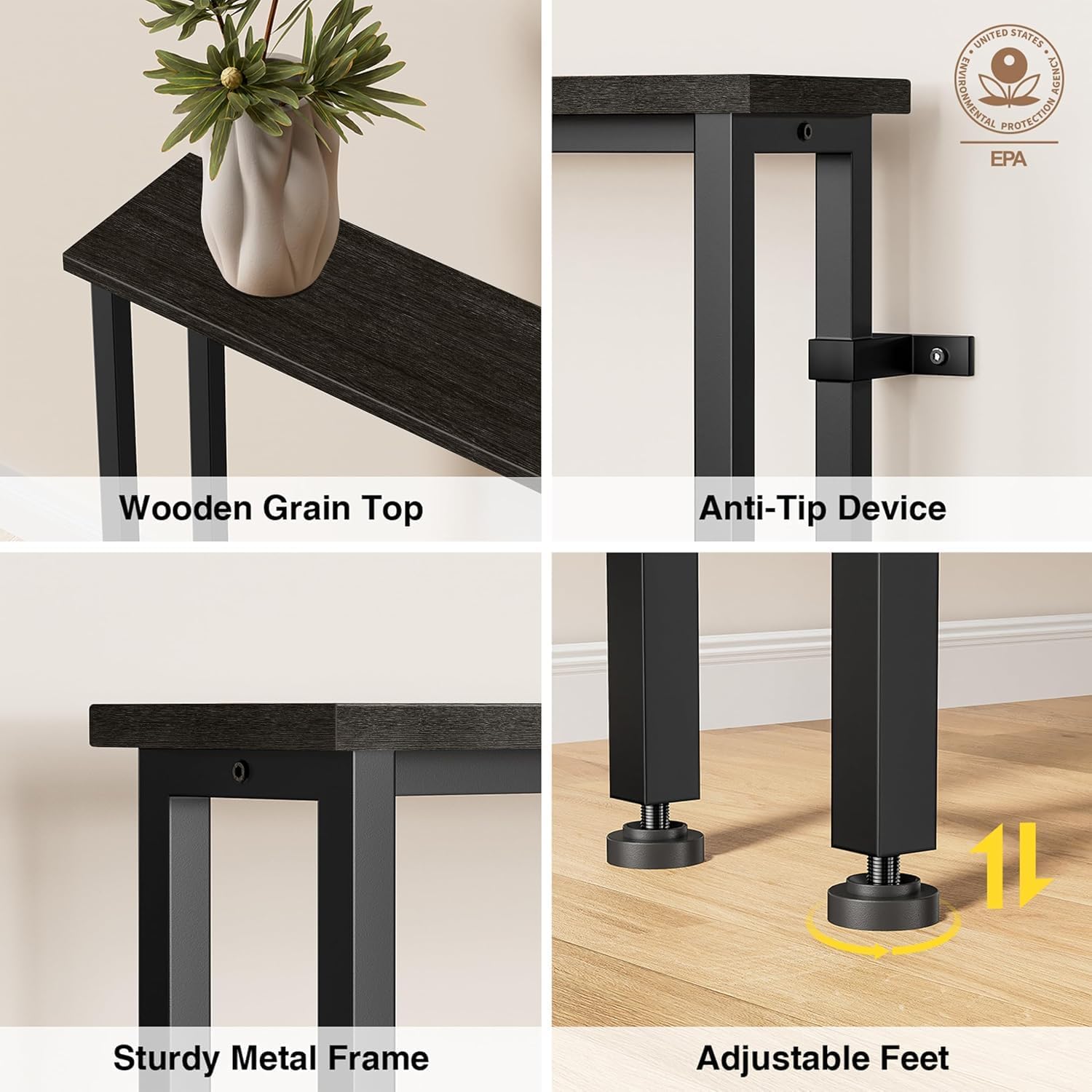 Keelian 102" Narrow Console Sofa Table - 2 Power Outlets & 4 USB Ports, Metal Frame, Black, Perfect for Hallway, Office, and Behind Sofa - Easy Assembly, 4.9' Extension Cord Included