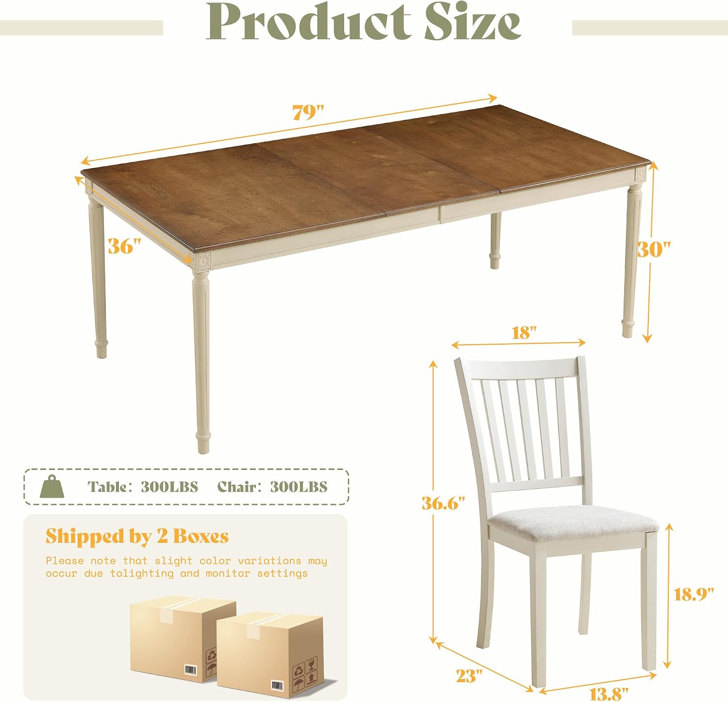 AMERLIFE 9 Piece Farmhouse Dining Table Set with 79" Table, Cream | Solid Rubberwood Frame, 8 Chairs Included, Farmhouse Design, Upholstered Seating, Rustic Cream Finish