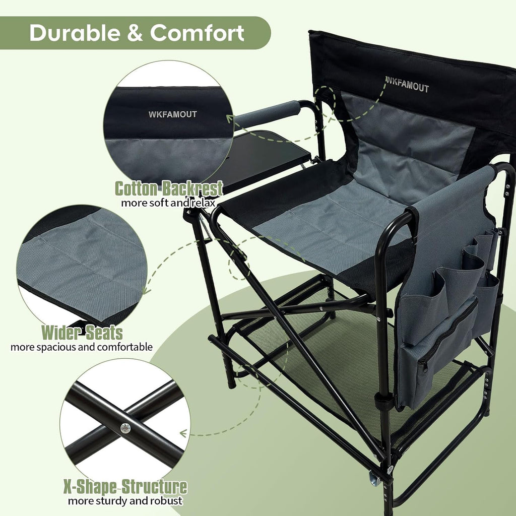 27" Tall Camping Director Chair Oversized with Side Table, Heavy Duty Folding Lawn Chair Outdoor for Makeup Artist, Sports Event, Supports 330LBS