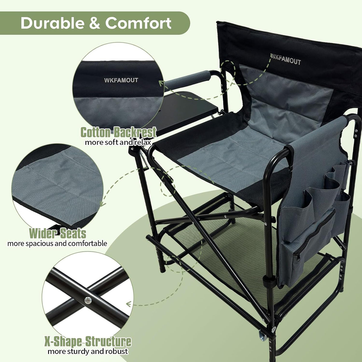 27" Tall Camping Director Chair Oversized with Side Table, Heavy Duty Folding Lawn Chair Outdoor for Makeup Artist, Sports Event, Supports 330LBS
