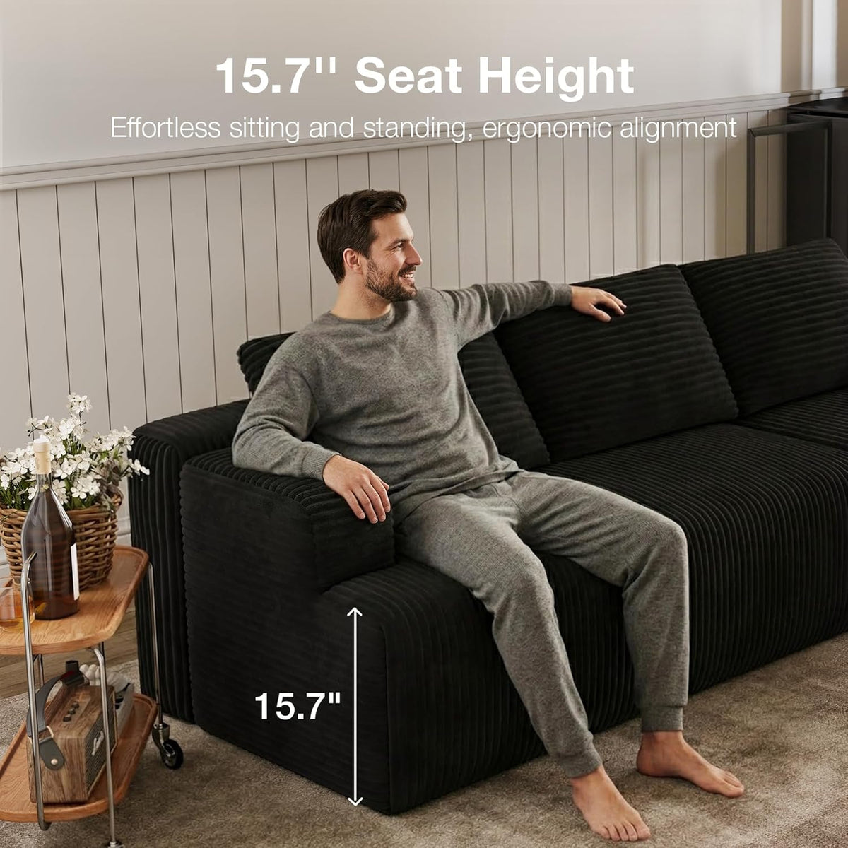 Novilla L-Shape Sectional Couches for Living Room with Smarts Coil® Support, 3 Seater Sectional Sofas for Living Room Bedroom, Corduroy Cloud Couch Sectional, No Assembly(Black, Right Hand Facing)