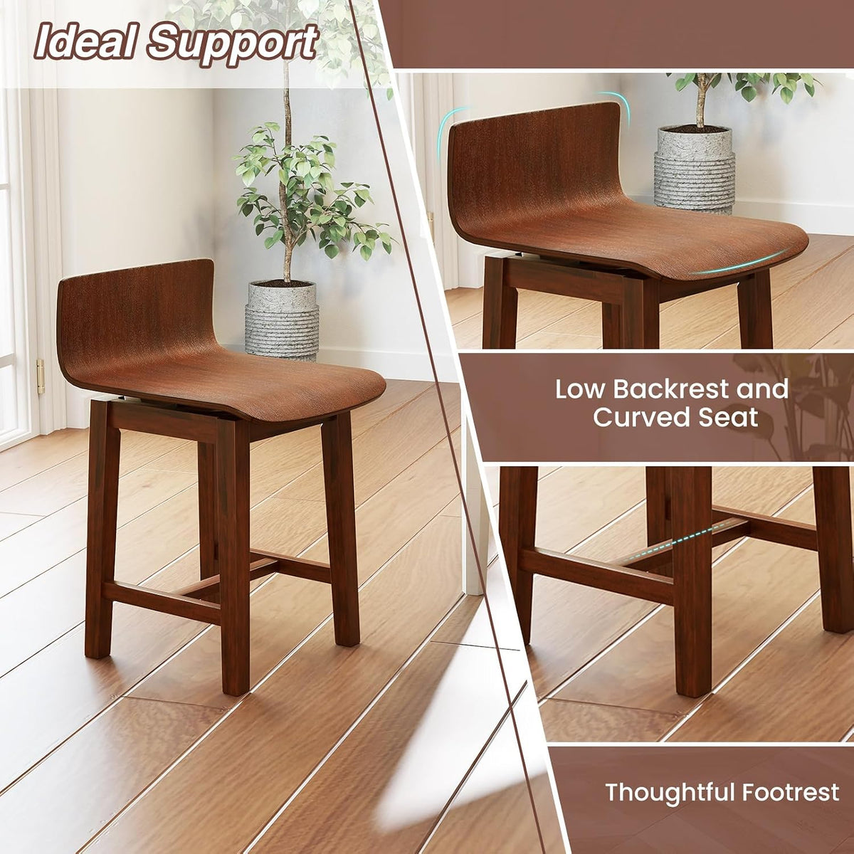 GOFLAME Swivel Dining Chairs Set of 4, Farmhouse Kitchen Chairs with Low Backrest and Curved Seat, Accent Side Chairs with Solid Rubber Wood Frame for Dining Room, Restaurant, Walnut