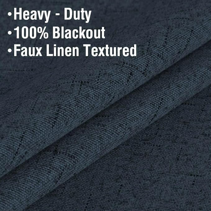 H.VERSAILTEX Linen Blackout Curtains 54 Inches Long 100% Absolutely Blackout Thermal Insulated Textured Linen Look Curtain Draperies Anti-Rust Grommet, Energy Saving with White Liner, 2 Panels, Navy