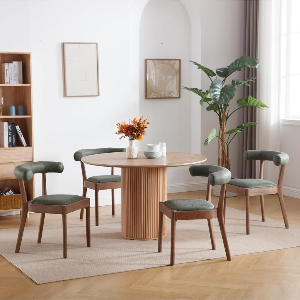 Kmax Dining Room Chairs, Mid-Century Modern PU Kitchen Chairs with Natural Walnut Finished Frame, PU Curved Back, Set of 2, Green