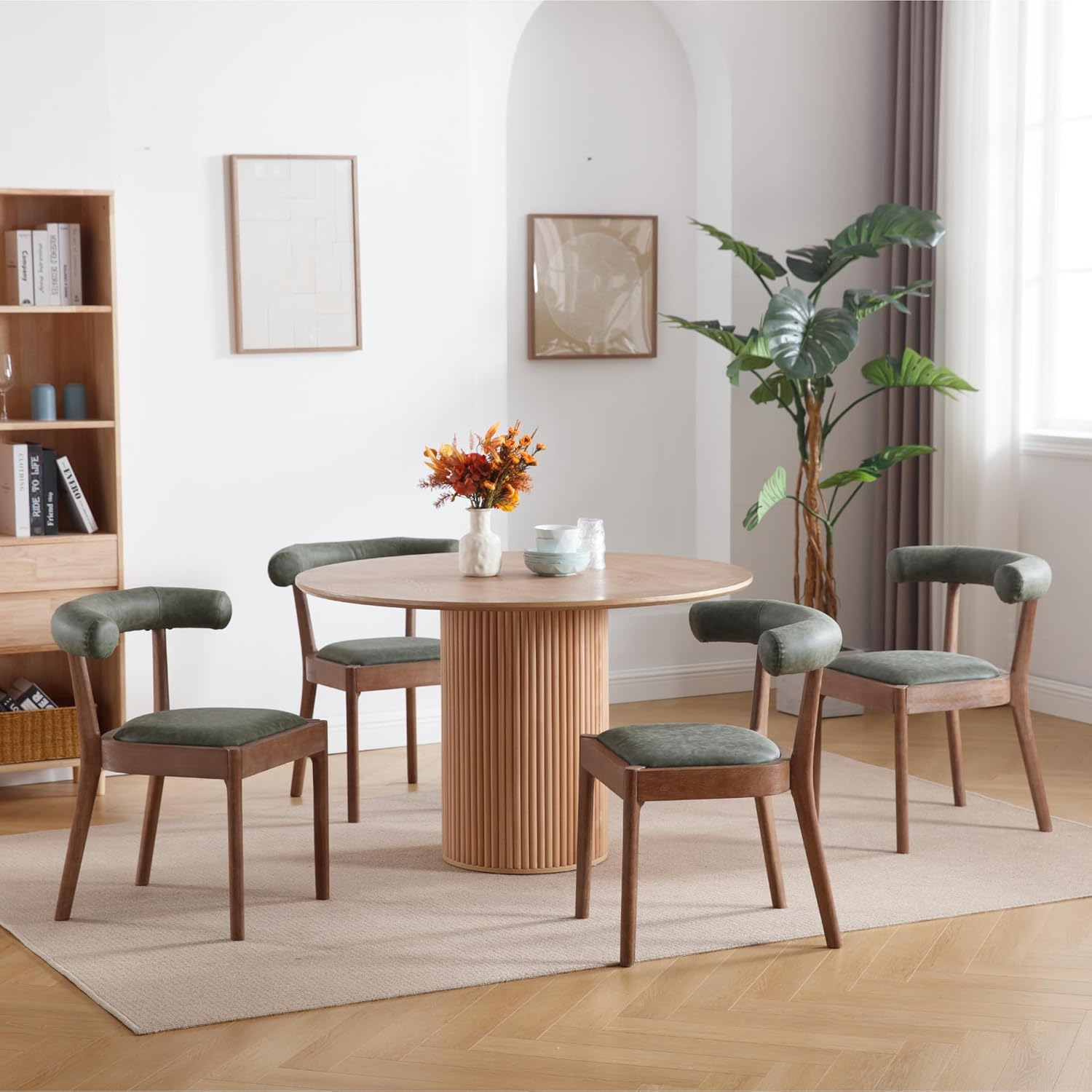 Kmax Dining Room Chairs, Mid-Century Modern PU Kitchen Chairs with Natural Walnut Finished Frame, PU Curved Back, Set of 2, Green
