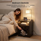 Cat House Night Cabinet with Charging Station & LED Lights, Modern Wooden Night Stand with Cozy Hidden Cat Condo, Dark Grey End Cabinet with Open Shelf, Home Accent Furniture