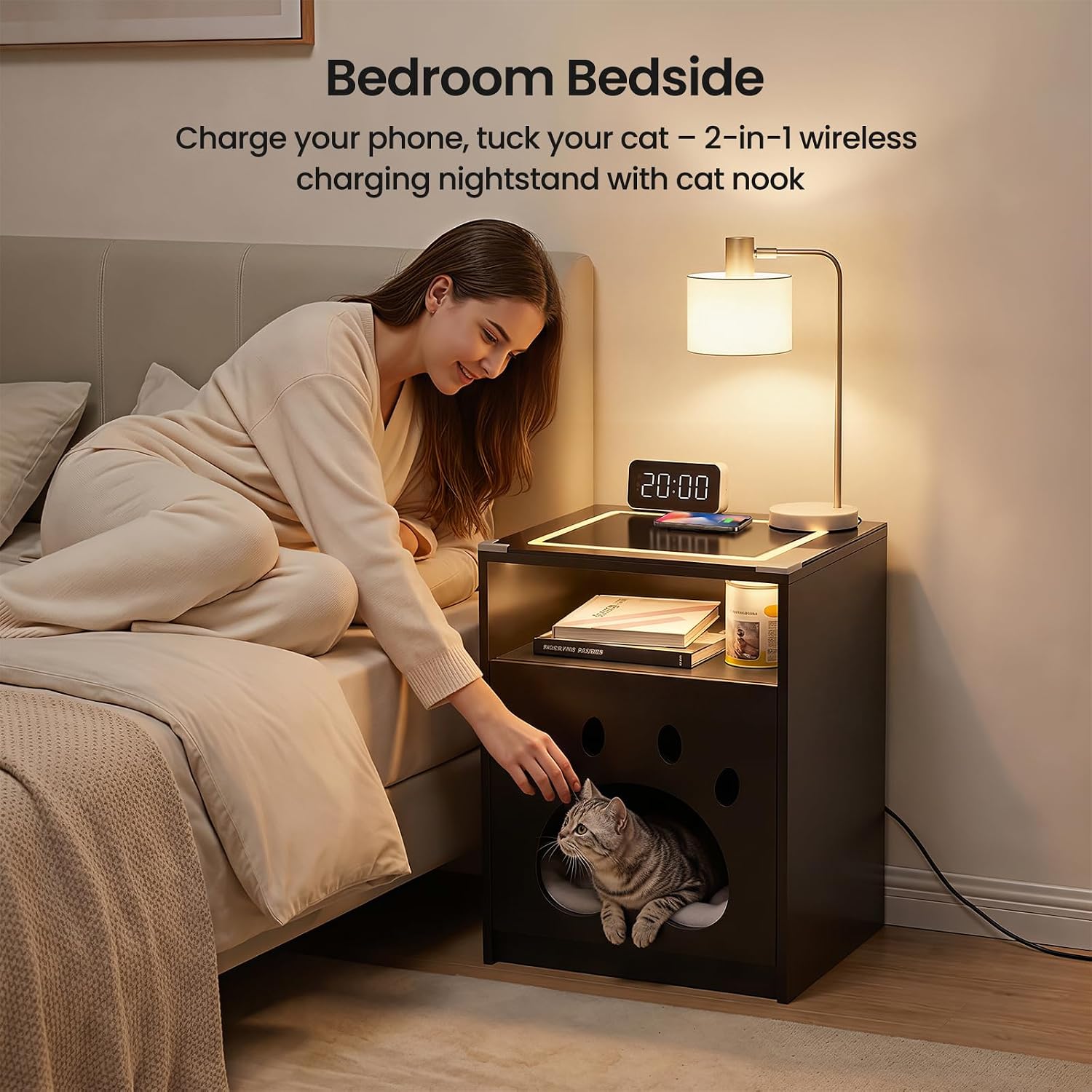 Cat House Night Cabinet with Charging Station & LED Lights, Modern Wooden Night Stand with Cozy Hidden Cat Condo, Dark Grey End Cabinet with Open Shelf, Home Accent Furniture