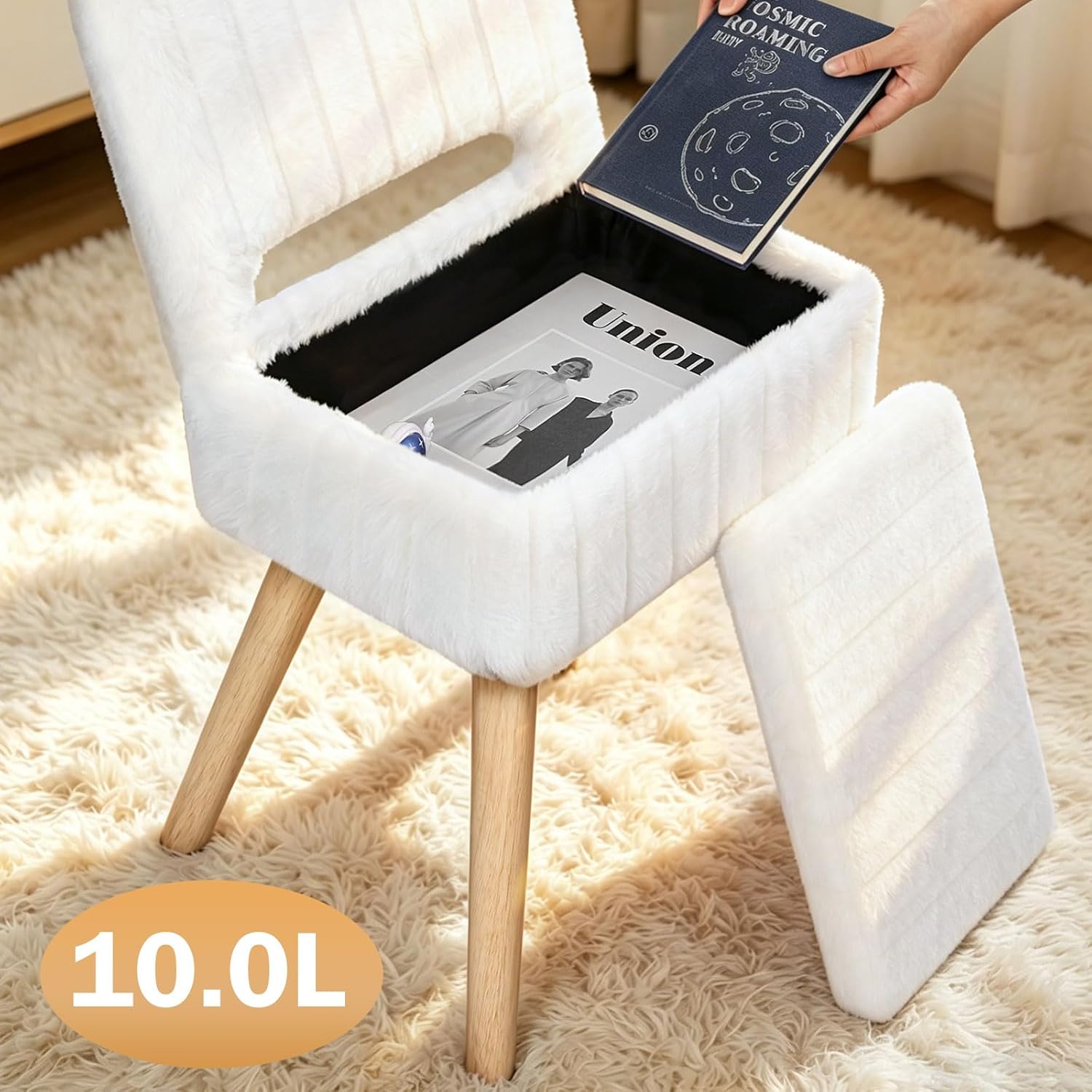 Vanity Stool with Storage & Folding Backrest,Faux Rabbit Fur Small Makeup Chair with 4 Solid Wood Legs,11.4" D x 14.9" W x 28.7" H,Soft Ottoman for Living Room,Bedroom,Closet,White