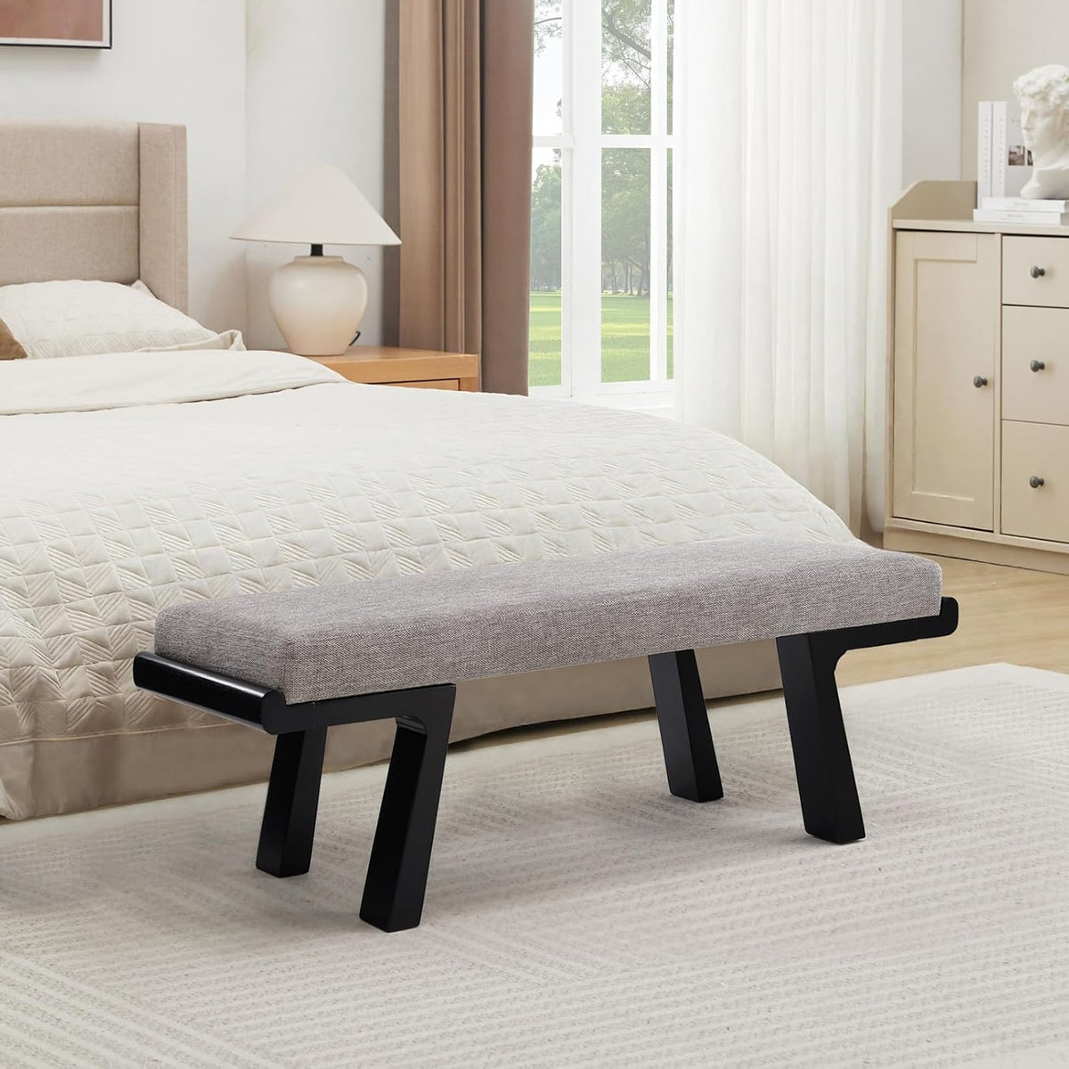 47" Upholstered Entryway Bench with Solid Wood Frame – Mid Century Modern End of Bed Bench, Dining Bench for Kitchen & Living Room, Grey