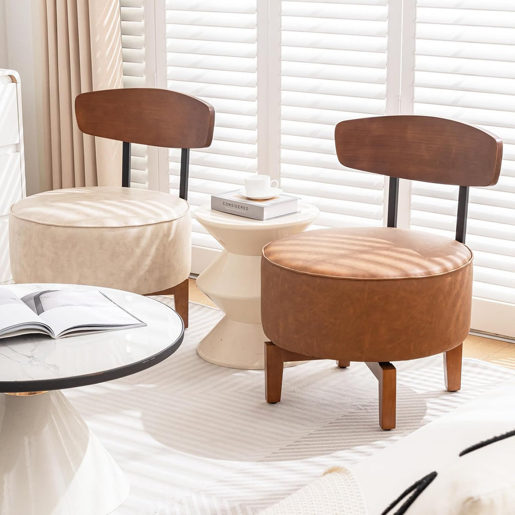Swivel Accent Chair Living Room Vanity Chair with Back, Cognac Brown | Comfortable Armless Round Mid Century Modern Faux Leather Chair with Solid Wood Legs Linen Upholstery for Bedroom Office