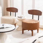 Swivel Accent Chair Living Room Vanity Chair with Back, Cognac Brown | Comfortable Armless Round Mid Century Modern Faux Leather Chair with Solid Wood Legs Linen Upholstery for Bedroom Office