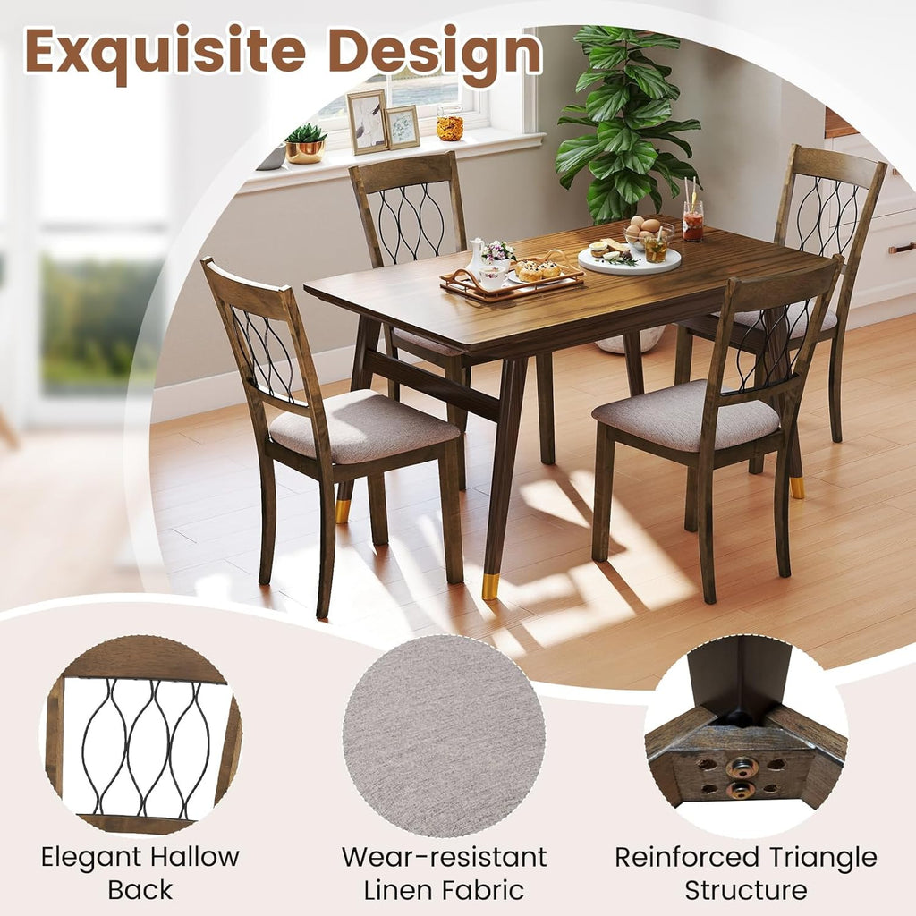 Giantex Dining Chairs Set of 4, Fabric Upholstered Armless Kitchen Chairs w/Hollowed Backrest, Padded Seat, Rubber Wood Frame, Farmhouse Side Chairs for Living Room Restaurant, Rustic Brown
