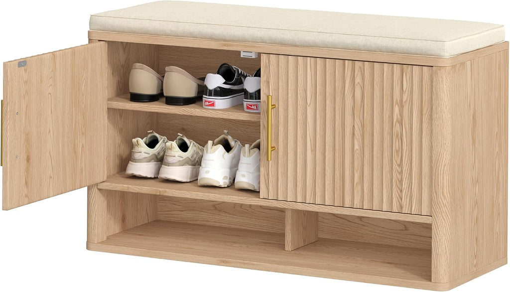 Fluted Shoe Storage Bench, Entryway Bench with Adjustable Shelves | Hidden Shoe Cabinet Storage with Cushion and Open Bottom Shelf, for Entryway, Hallway, Living Room, Bedroom, Natural Oak