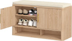 Fluted Shoe Storage Bench, Entryway Bench with Adjustable Shelves | Hidden Shoe Cabinet Storage with Cushion and Open Bottom Shelf, for Entryway, Hallway, Living Room, Bedroom, Natural Oak