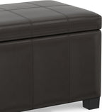 SIMPLIHOME Dover 36" Wide Vegan Leather Storage Ottoman in Tanners Brown | Contemporary ottoman with lift-top and safety hinges; upholstered rectangle storage bench for living room and entryway.