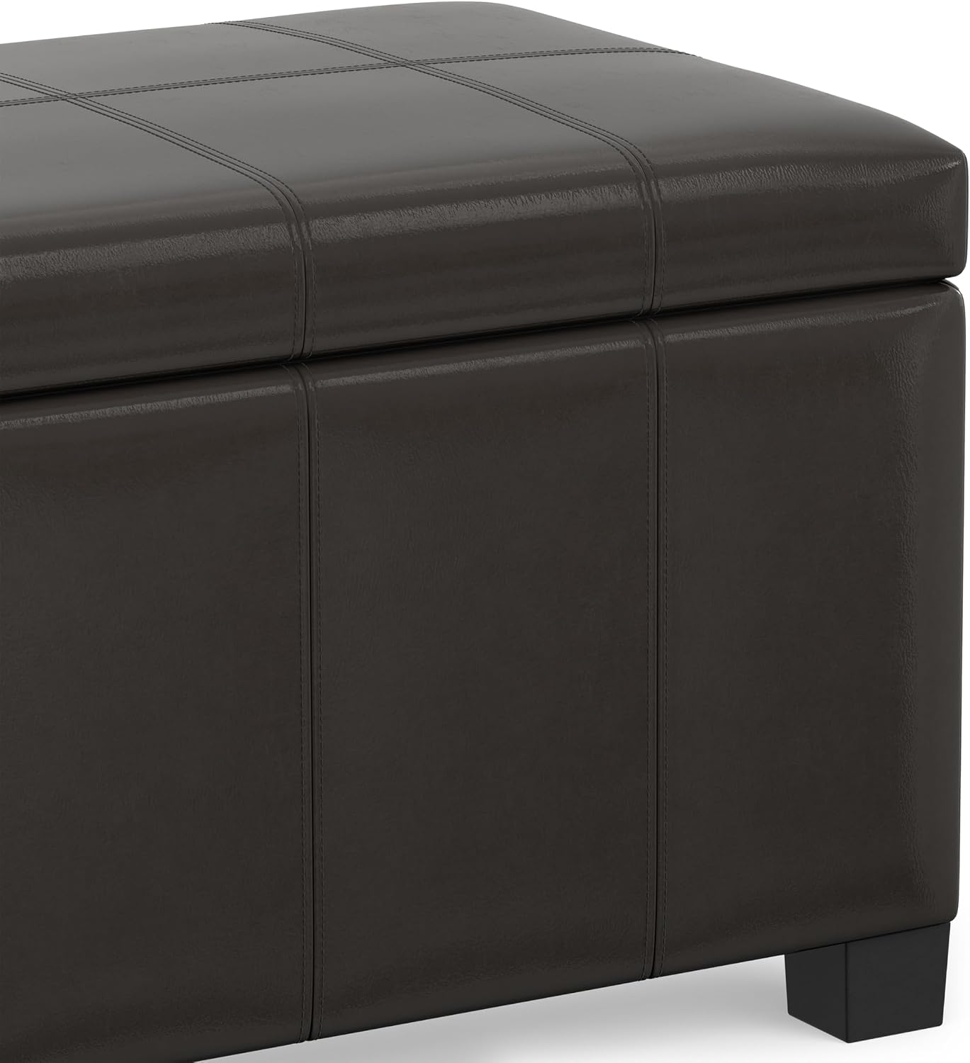 SIMPLIHOME Dover 36" Wide Vegan Leather Storage Ottoman in Tanners Brown | Contemporary ottoman with lift-top and safety hinges; upholstered rectangle storage bench for living room and entryway.