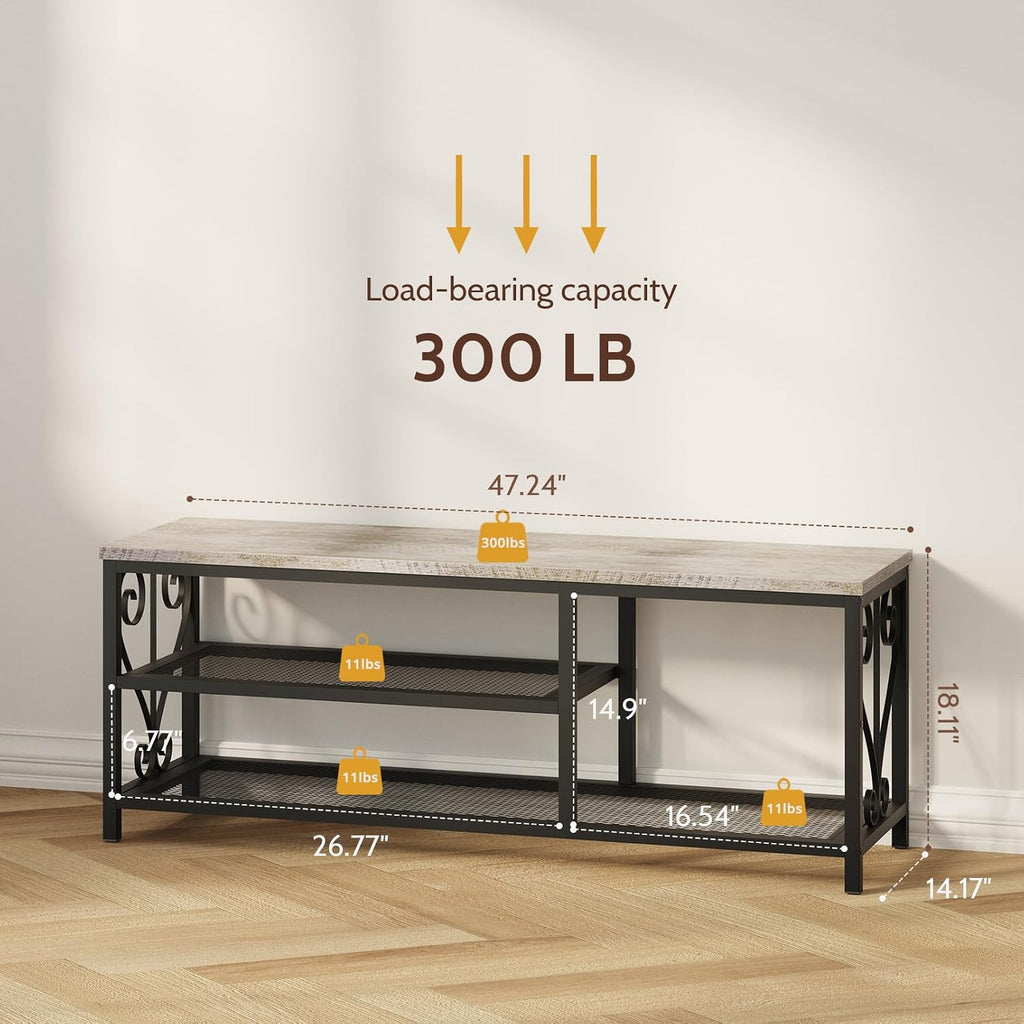 Entryway Storage Bench with Shoe Rack, 47.2" Wide Hallway Bench with Seating, Rustic Wood Top & Metal Frame, 2-Tier Shoe Organizer for Entryway, Bedroom, or Living Room, Weathered Wood