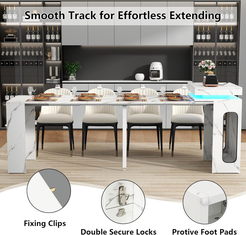 Extendable Dining Table with Charging Station, Convertible Folding Console Table for 6-8 People, Space-Saving Dining Table with LED Lights, Wood Rectangle Kitchen Table, Marble White (No Chairs)