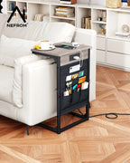 C-Shaped End Table with Fast-Charging Station, Small Couch Side Table with Storage Bag, Sofa TV Tray Table for Living Room, Bedroom, Bedside ET-GY-W1