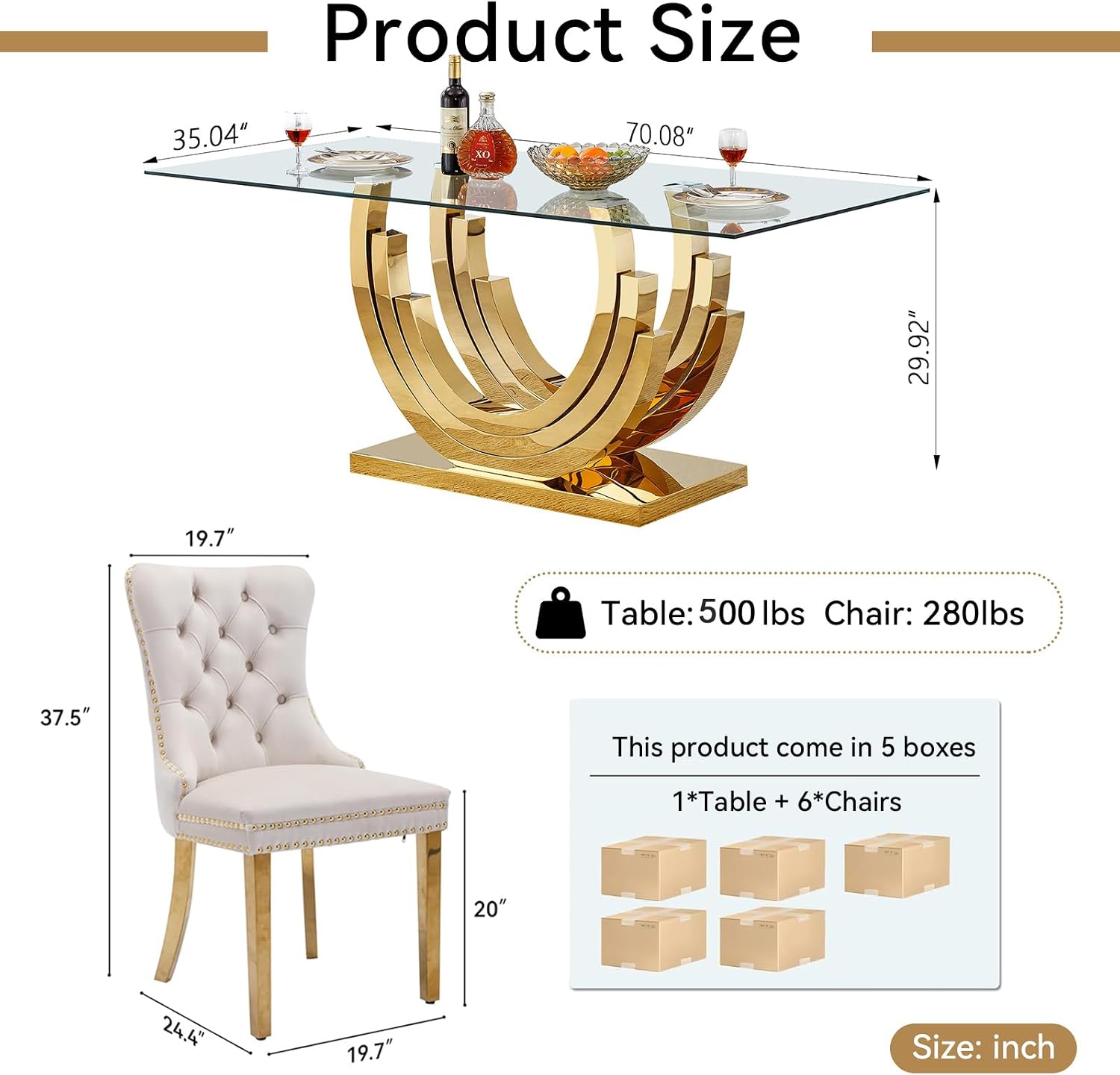 SSLine 7-Piece Gold Glass Dining Table Set for 6, Modern Luxury 70" Glass Dining Room Table with Three-Ring Shape Stainless Steel Base, Elegant Kitchen Table Set with 6 Beige Tufted Chairs