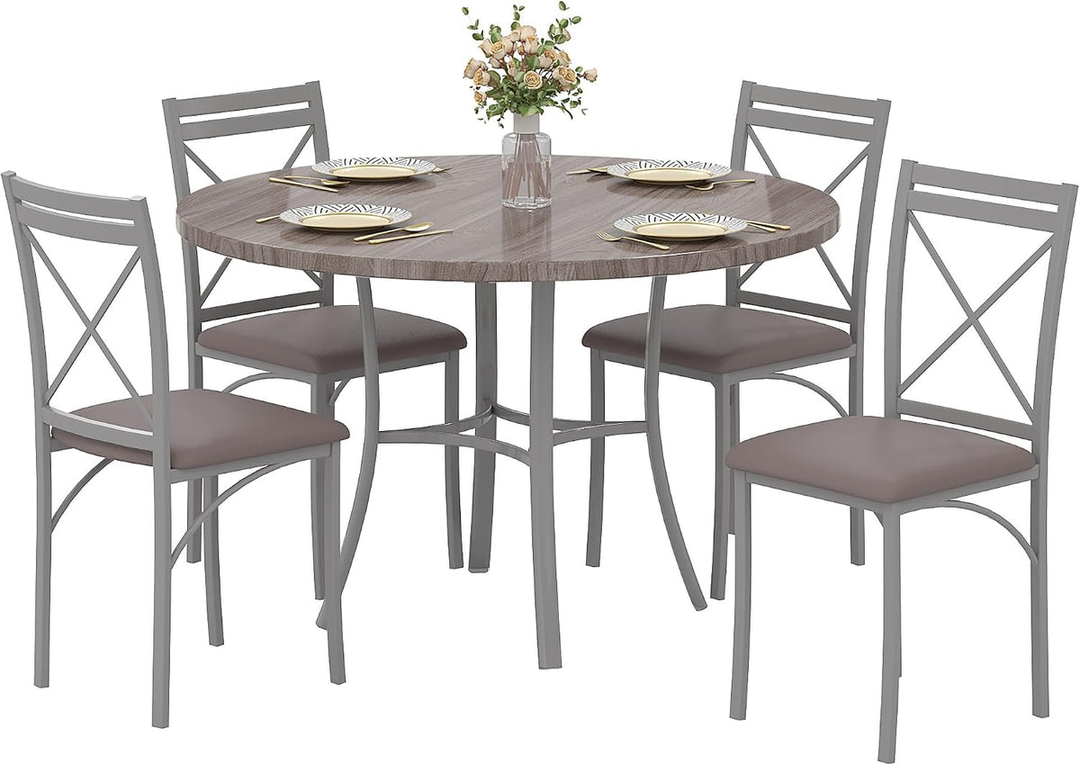 VECELO 5 Piece Dining Table Set for 4, Wood Grain Dinette with Chairs for Kitchen, Breakfast Nook, Small Space, Light Grey