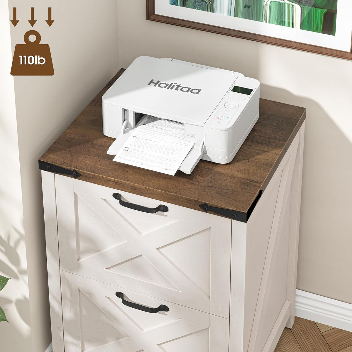 Halitaa Farmhouse File Cabinet with 2 Drawers for Home Office, Rustic White | Vertical Filing Cabinet Fits Letter and A4 Size, Farmhouse Printer Stand, Under Desk Wooden File Cabinet