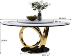 Montary 59” Modern Round Dining Table for 6-8 Seat, Artificial Marble Dining Room Table with Lazy Susan, 3 Gold Circles Stainless Steel Base, Sintered Stone Top Dining Table (Only Table)