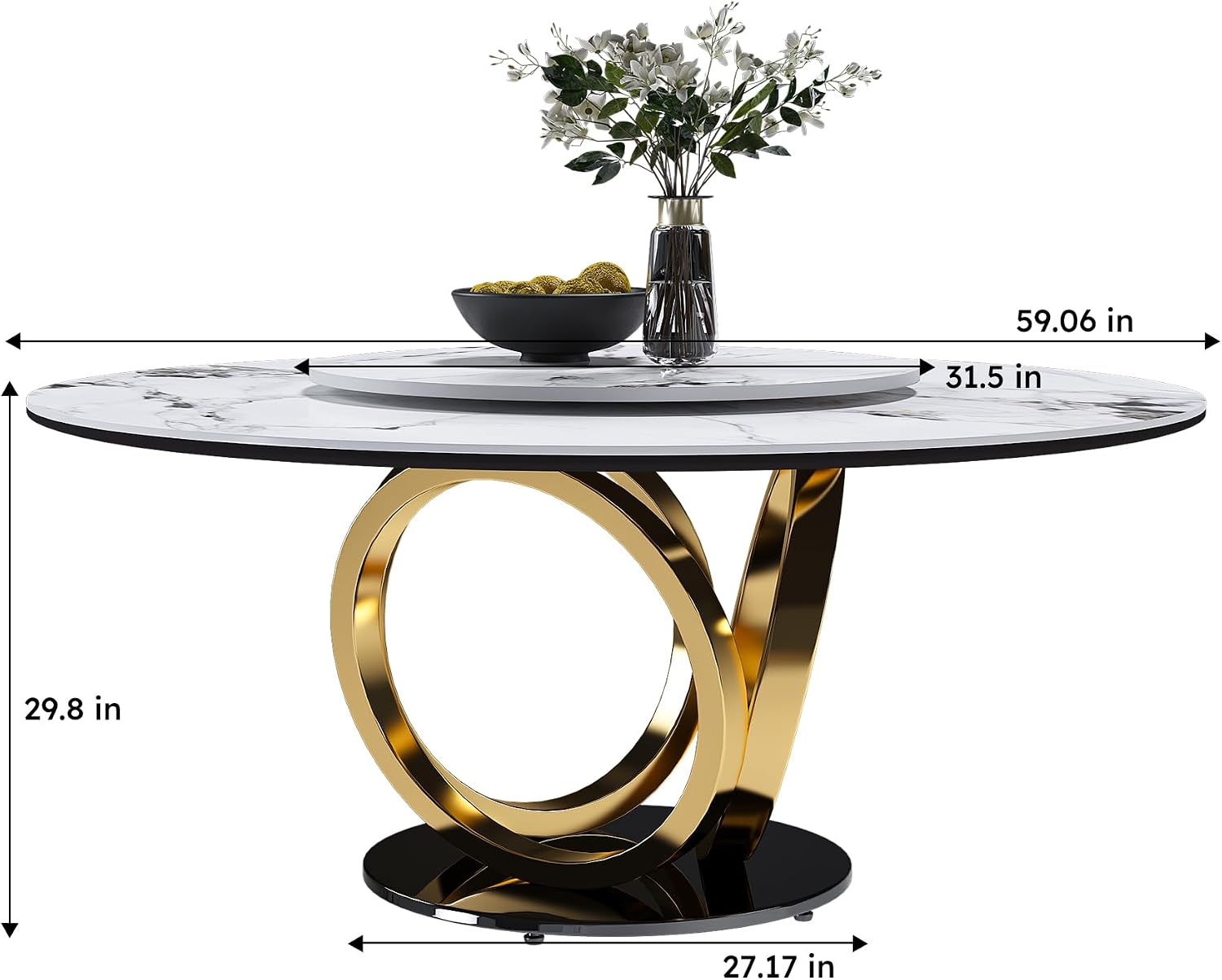 Montary 59” Modern Round Dining Table for 6-8 Seat, Artificial Marble Dining Room Table with Lazy Susan, 3 Gold Circles Stainless Steel Base, Sintered Stone Top Dining Table (Only Table)