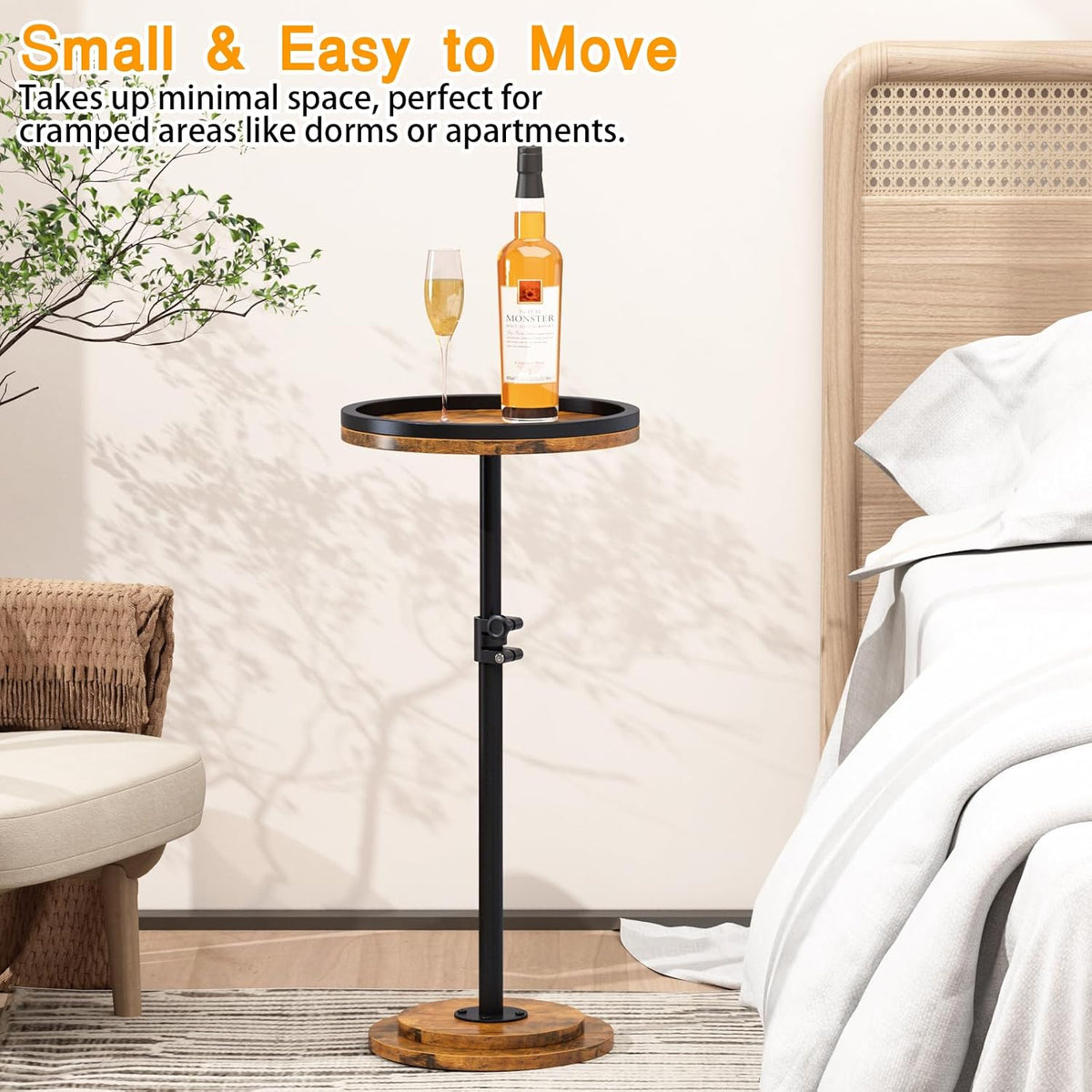 Small Side Table, Drink Table, Height Adjustable Round End Table, Pedestal Side Table for Small Spaces in Living Room, Bedroom, Brown
