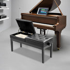 AngelcityCC Longer Duet Piano Bench with Storage, Adjustable Height Double Keyboard Piano Bench Seat with PU Leather Cushion