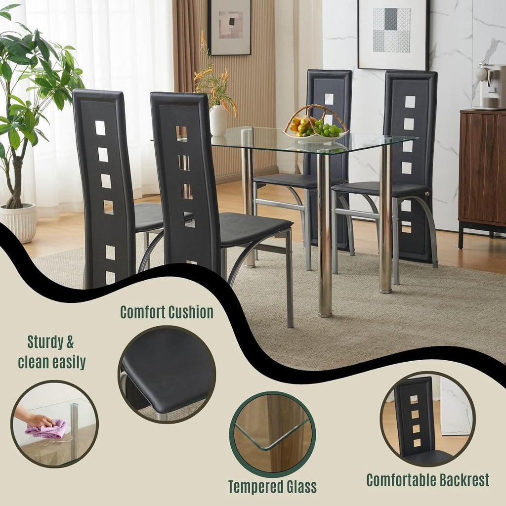 Karl home Glass Dining Table Set for 4, PVC Chairs,Silver Leg,Easy Assembly | Glass tabletop, 4 PVC chairs, space-saving, high back for long seating, for kitchen/breakfast/dining/living room