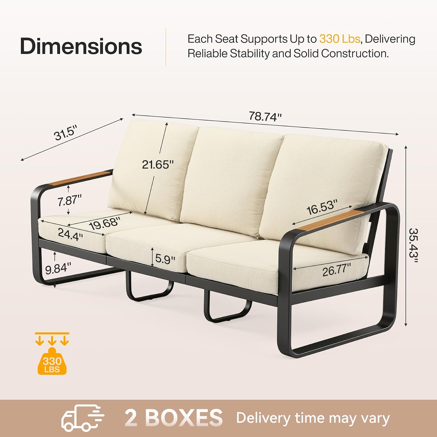 Tribesigns Outdoor Patio 3 Seater Sofa Tall Back & Oversized Seat, Modern Metal Frame Patio Couch with 6'' Thick Cushions & WPC Armrests, All-Weather Conversation Sofa for Backyard, Poolside, Beige