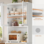 Keyluv 71“ Tall Kitchen Pantry Storage Cabinet with Microwave Stand, Buffet Kitchen Hutch with Shelves and Drawers, Wood Coffee Bar Pantry Cabinet with Glass Doors, for Dining Room/Small Space, Khaki