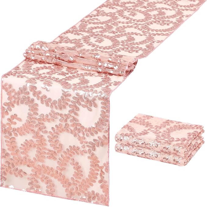 Sequin Table Runners 2 Pieces Rose Gold Flower Table Runners 12x72 Inch Glitter Dining Table Cover for Party Wedding Birthday Reception Banquet Decoration Spring Party Chair Sashes