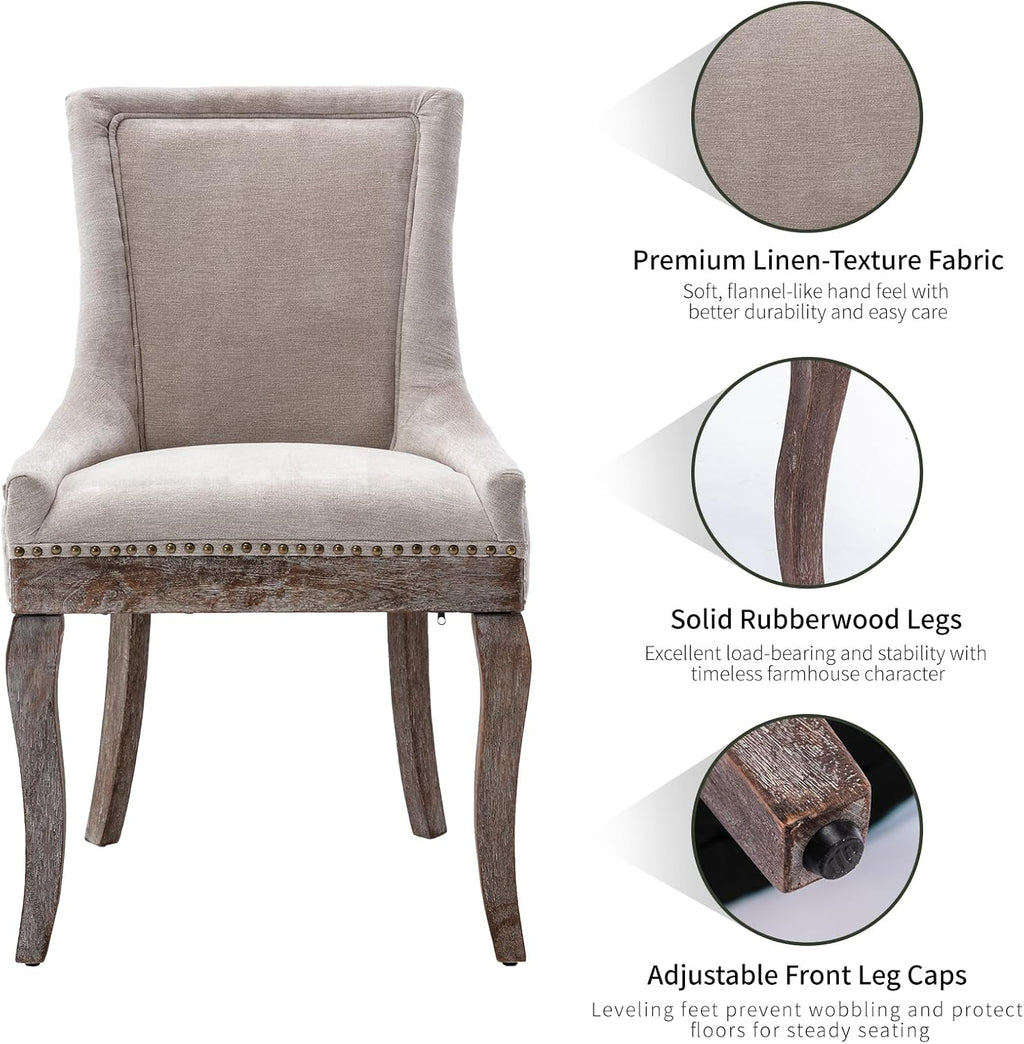 Modern Dining Chairs Set of 4, Fabric Upholstered High Back Chairs with Nailhead Trim and Curved Solid Wood Legs, Sillas de Comedor Accent Chairs for Dining Room, Beige