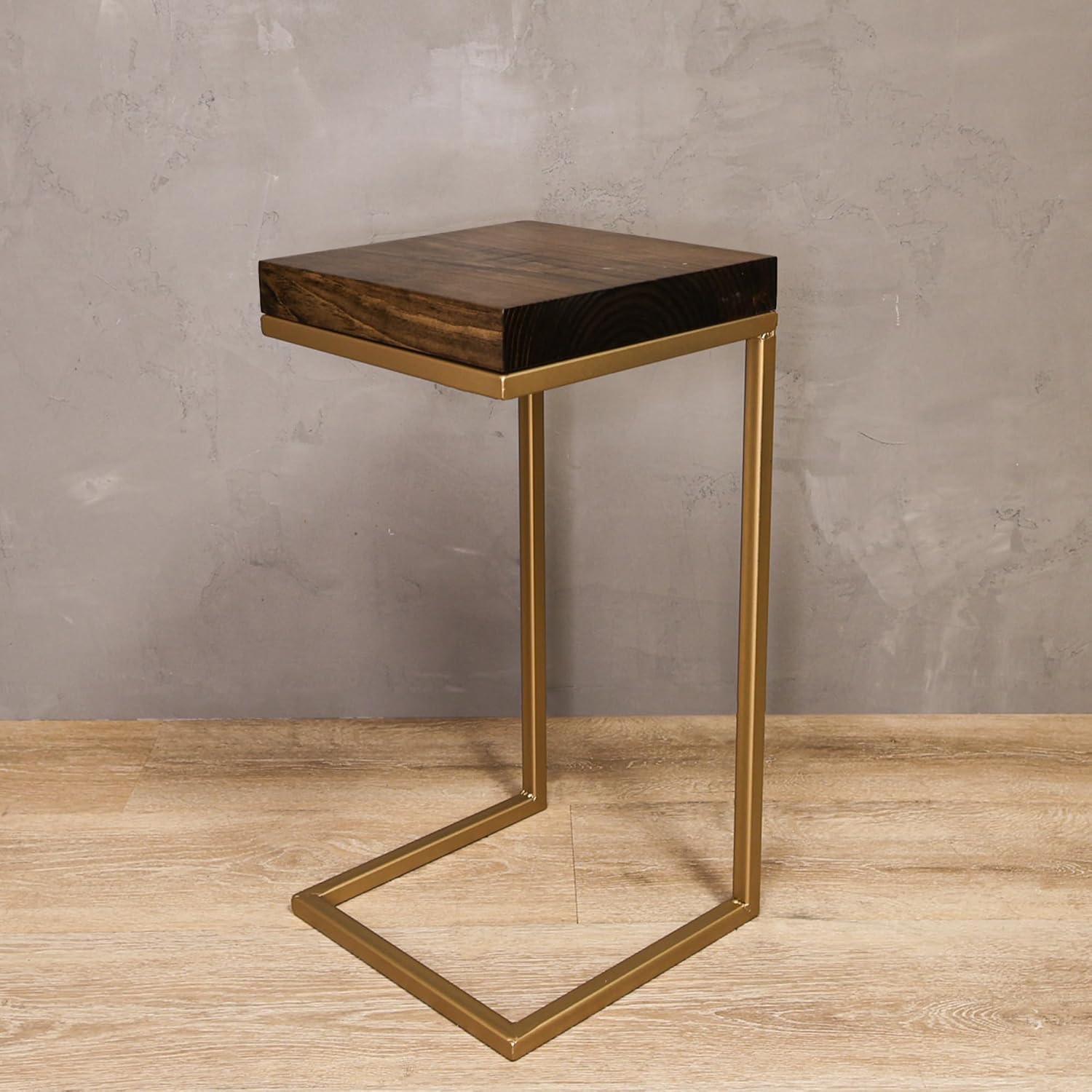 Urbandi C Shape Rustic Side Table for Living Room Couch Tray, Nightstand for Bedroom, End Table, Made in USA from Solid Pine Wood and Strong Metal Base, Comes Fully Assembled (Gold/Jacobean)